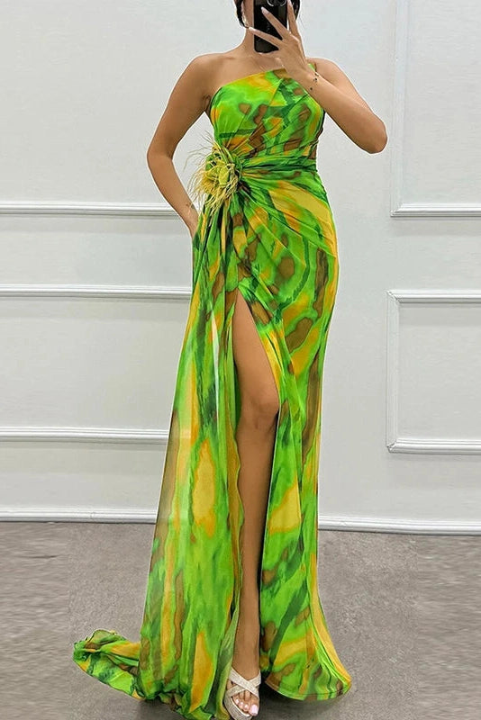 Glorol - Sleeveless Backless High Split Printed One Shoulder Maxi Dress