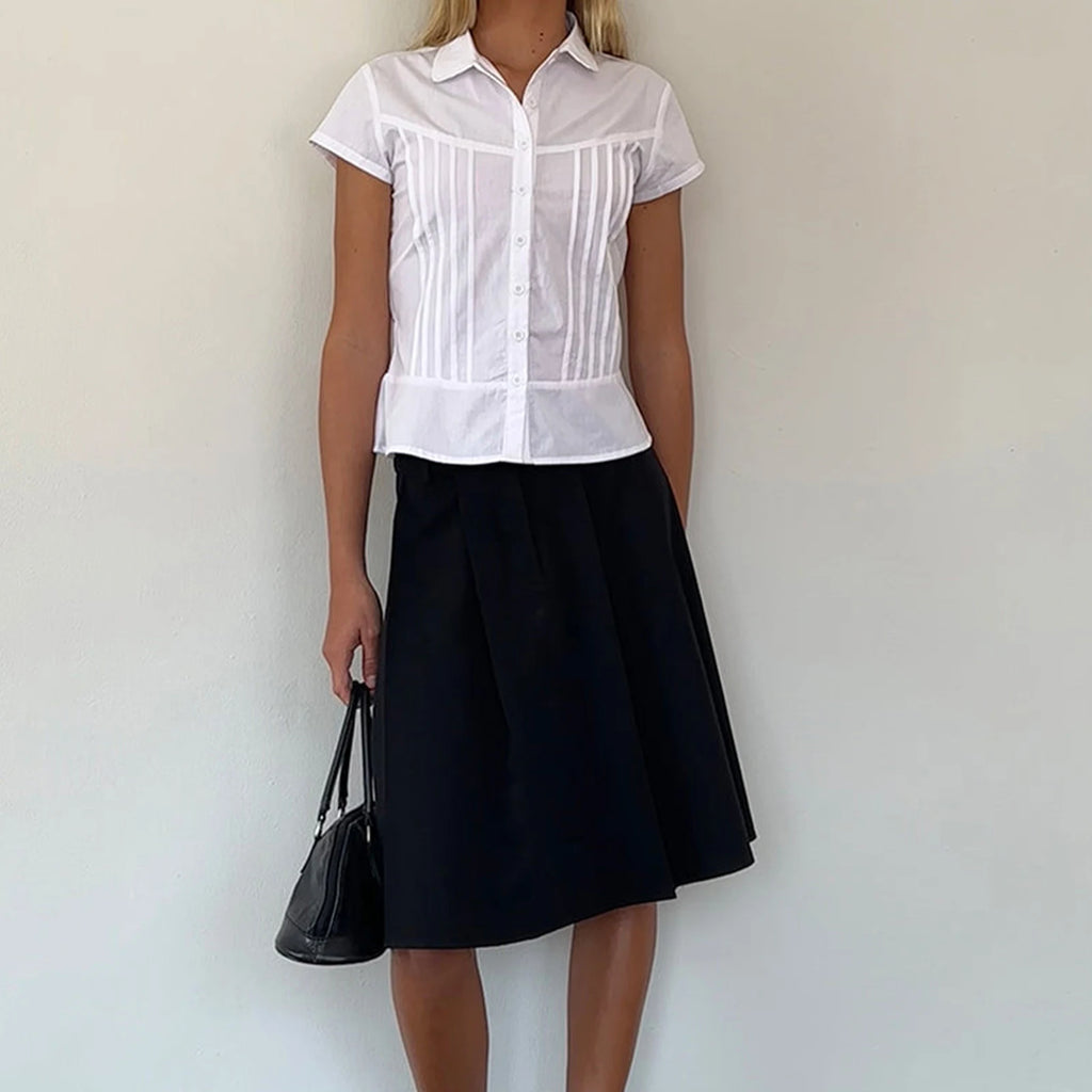 Glorol - Short Sleeve Button-Down Pleated Slim Fit Top