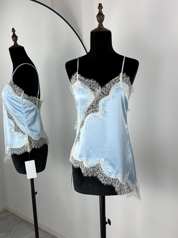 Glorol - Lace Spaghetti Strap Slit Bodycon Mini Dress
