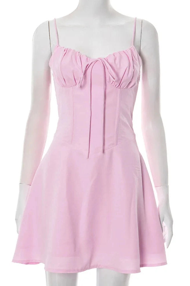Glorol - Spaghetti Strap Lace-Up Sleeveless Backless High Waist A-Line Mini Dress