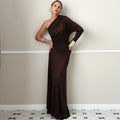 Glorol - Diagonal Collar One-Shoulder Long Sleeve Maxi Dress