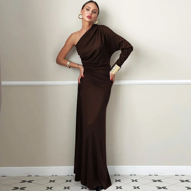 Glorol - Diagonal Collar One-Shoulder Long Sleeve Maxi Dress