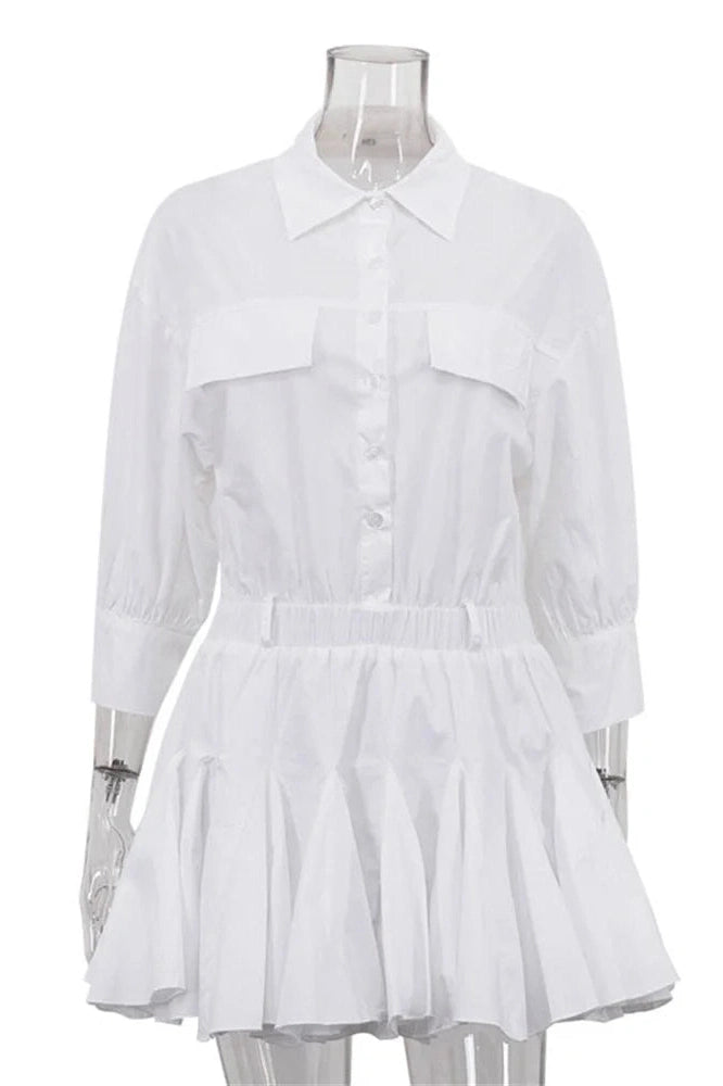 Glorol - Pleated Patchwork Slim Short Sleeve High Waist Mini Dress