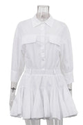 Glorol - Pleated Patchwork Slim Short Sleeve High Waist Mini Dress