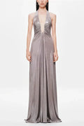 V-Neck High Waist Backless Slim Pleated Maxi Dress