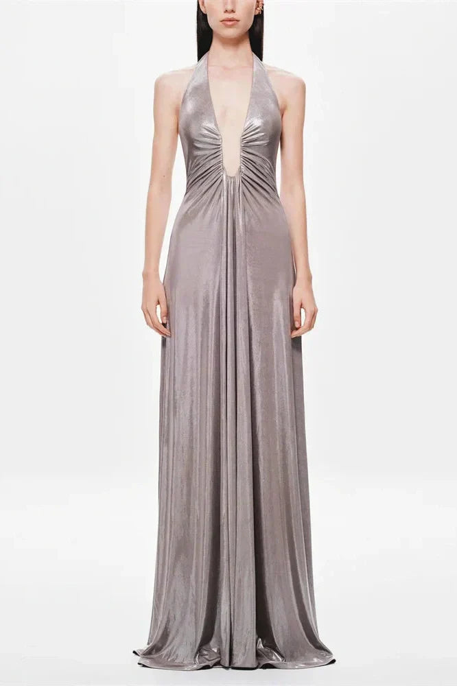 V-Neck High Waist Backless Slim Pleated Maxi Dress
