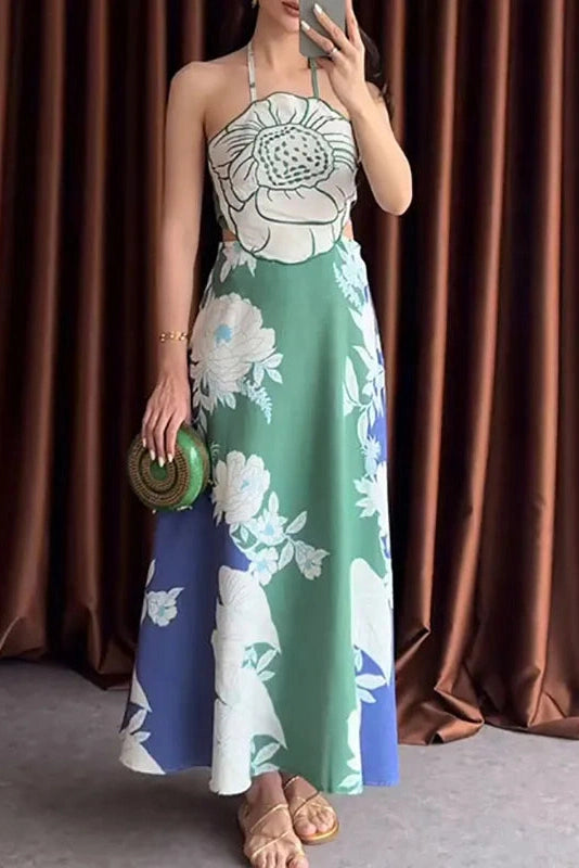 Glorol - Hollow Out Lace Up Backless Sleeveless Printed Maxi Dress