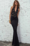 Glorol - Lace Backless Deep V Neck Sleeveless High Waist Maxi Dress