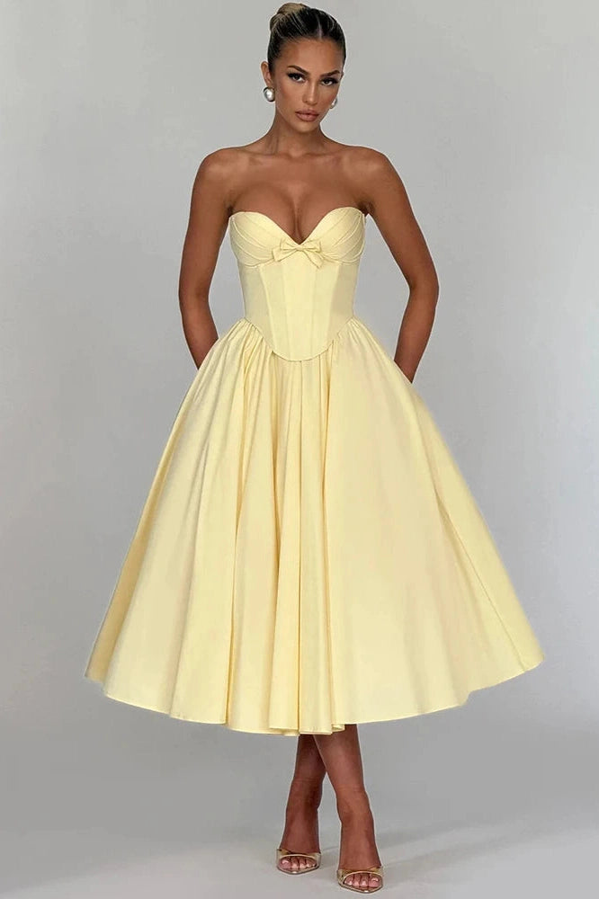 Glorol - Off-Shoulder Strapless Sleeveless Backless High Waist A-line Midi Dress