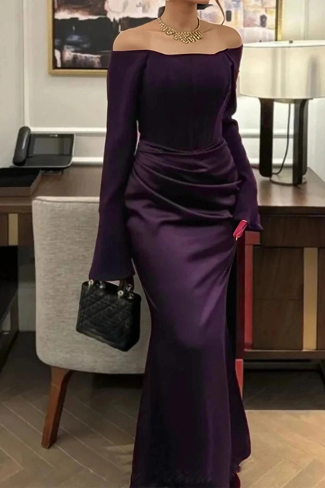 Glorol - Elegant Off-Shoulder High Waist Pleated Maxi Dress