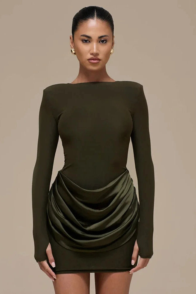 Glorol - Long Sleeve Patchwork O Neck High Waist Mini Dress