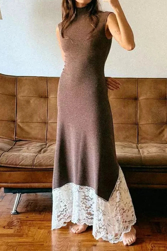 Glorol - Hollow Out O-Neck Sleeveless Slim Lace Knit Maxi Dress