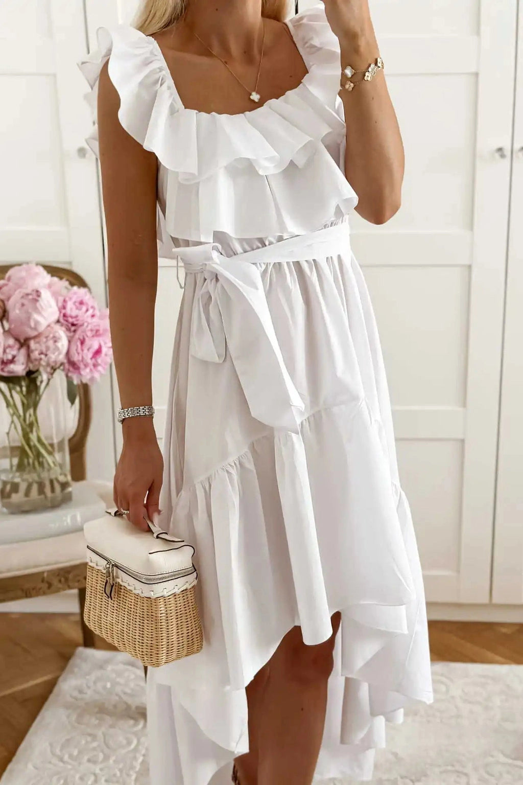Glorol - Lace Up U Collar Sleeveless High Waist Irregular Maxi Dress