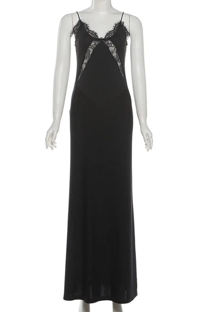 Glorol - Lace Spaghetti Strap V Neck Sleeveless Backless Bodycon Maxi Dress