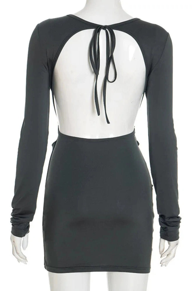 Glorol - Long Sleeve Backless O Neck High Waist Mini Dress
