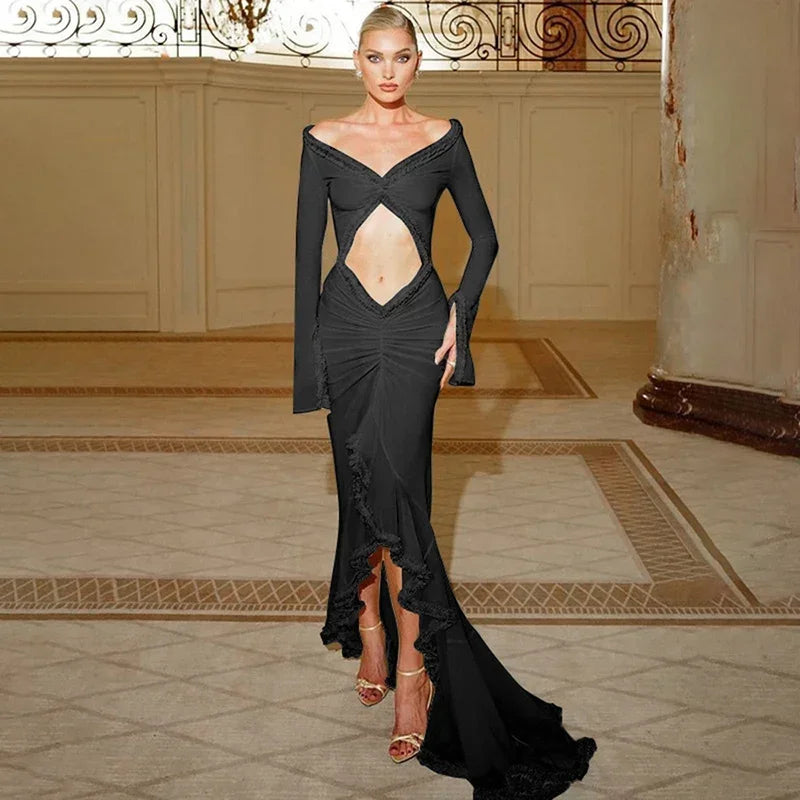 Glorol - Hollow Out Long Sleeve V Neck Slim Maxi Dress