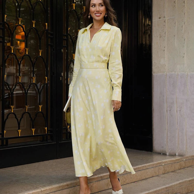 Glorol - Printed V Neck Long Sleeve A-Line Maxi Dress