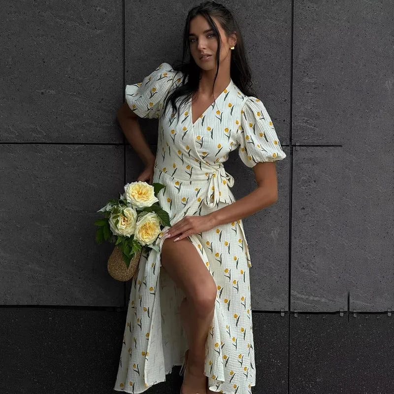 Glorol - Printed V Neck High Waist Lace Up Midi Dress