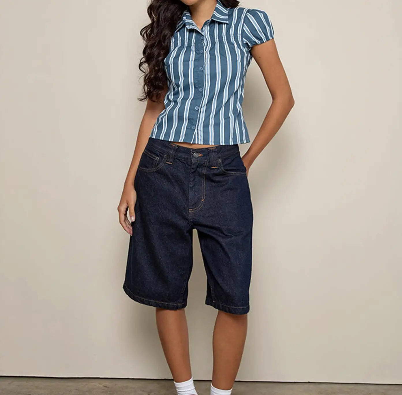 Glorol - Sleeves Stripes Plaid Print Slim Fit Top