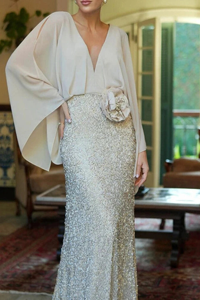 Glorol - Elegant V-Neck Sleeve High Waist Maxi Dress