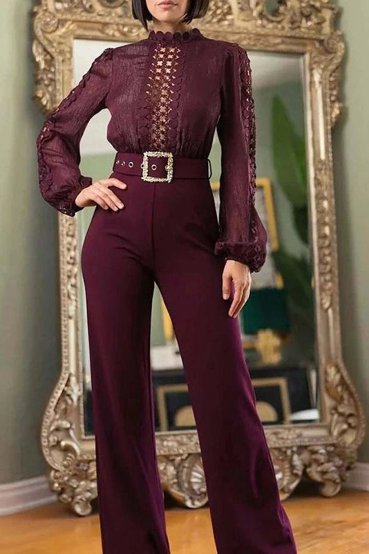 Glorol - High Waist Mesh Hollow Out Wide Leg Jumpsuit