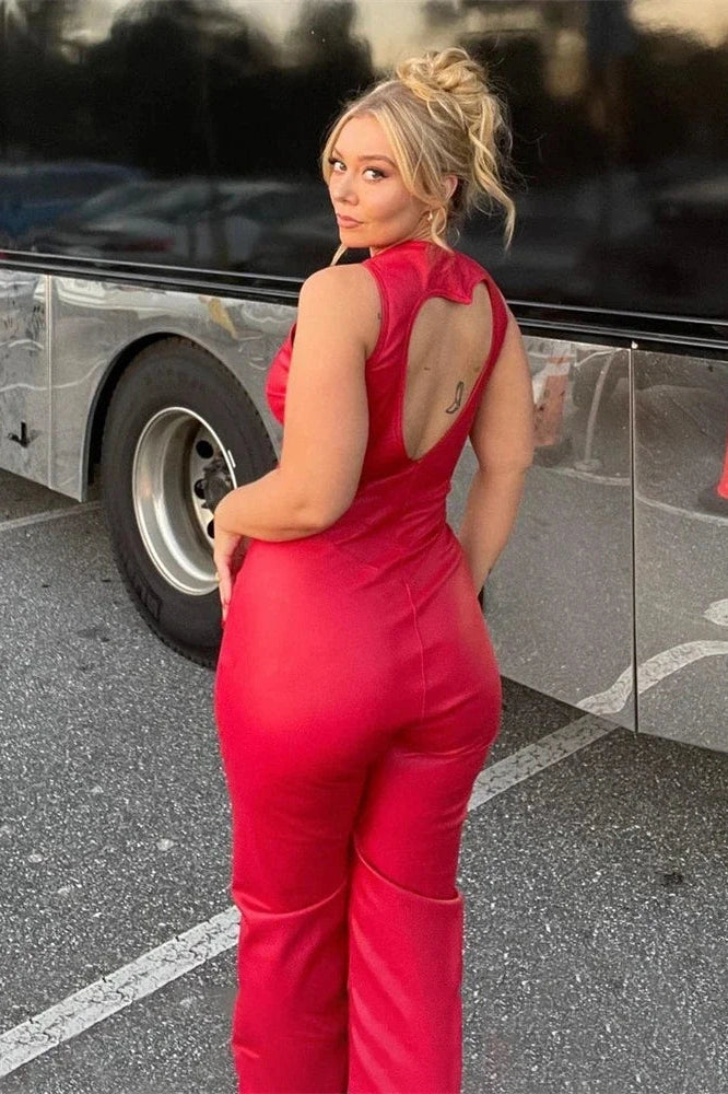 Glorol - Backless Sleeveless Heart Cutout Bodycon Jumpsuit