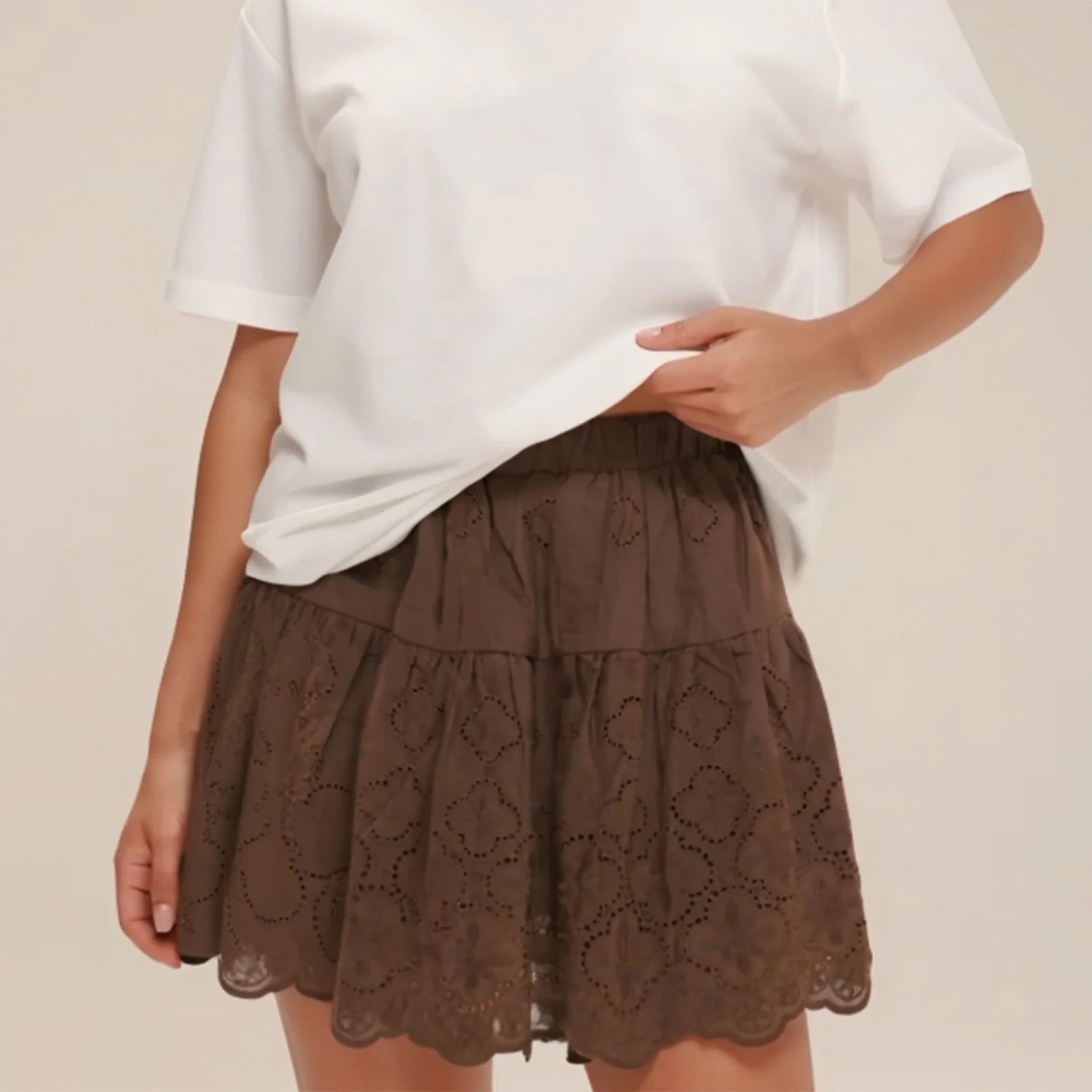 Glorol - Elastic Waist A-Line Eyelet Ruffle Skirt