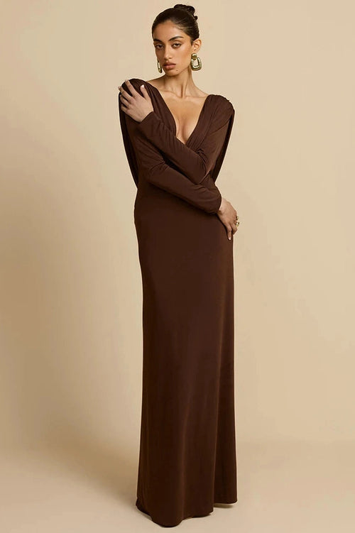 Glorol - Deep V Neck Backless Long Sleeve High Waist Maxi Dress