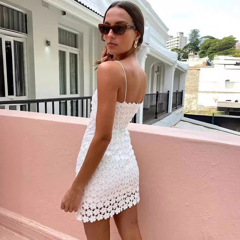 Glorol - Lace Hollow Sleeveless Slim High Waist Mini Dress