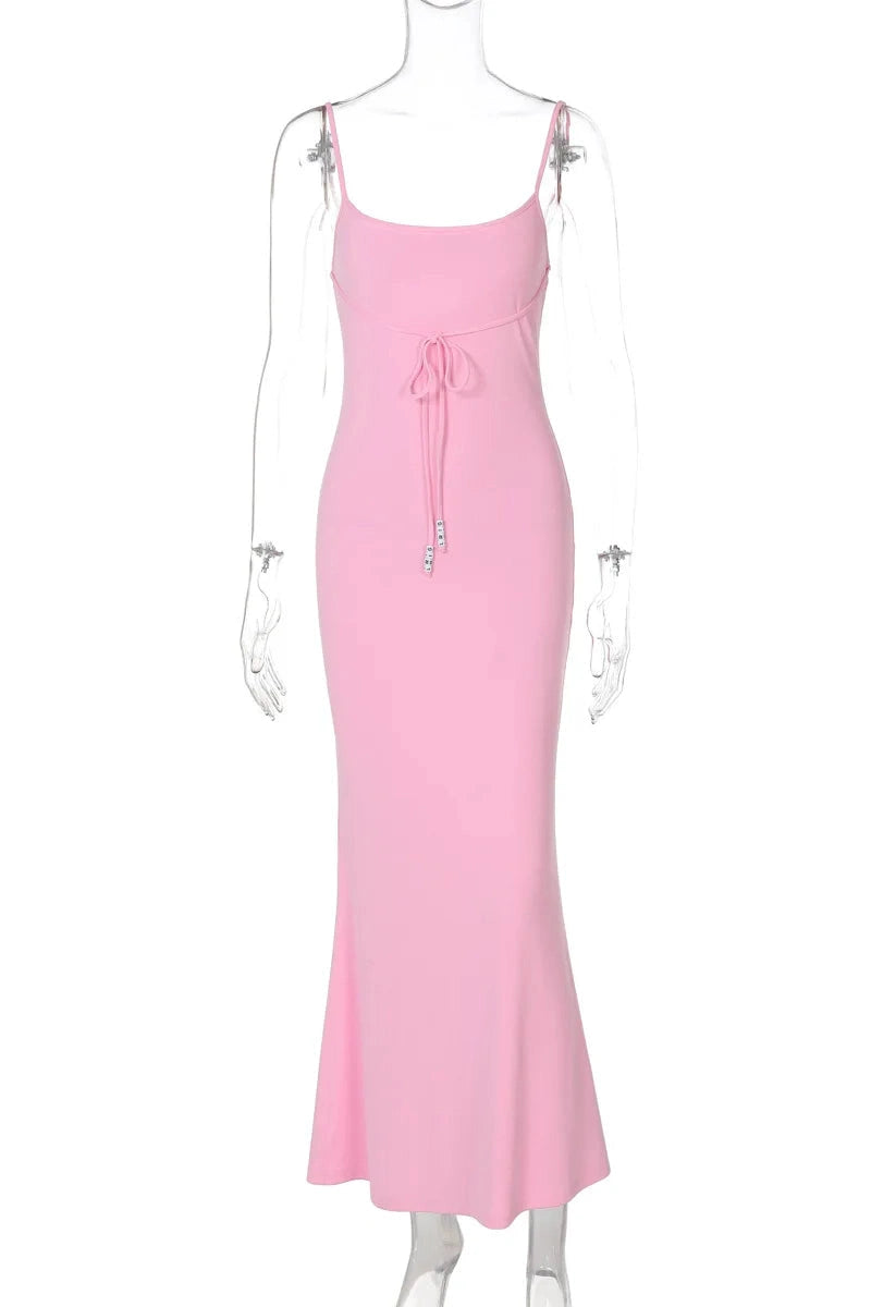 Glorol - Spaghetti Strap Backless Slim Sleeveless High Waist Midi Dress