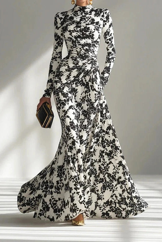 Glorol - Long Sleeve Slim Pleated High Waist Printed Maxi Dress