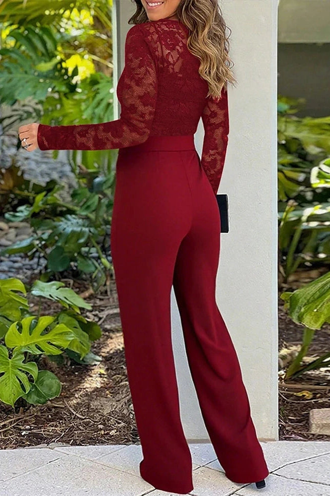 Glorol - High Waist V-Neck Lace Bodycon Jumpsuit