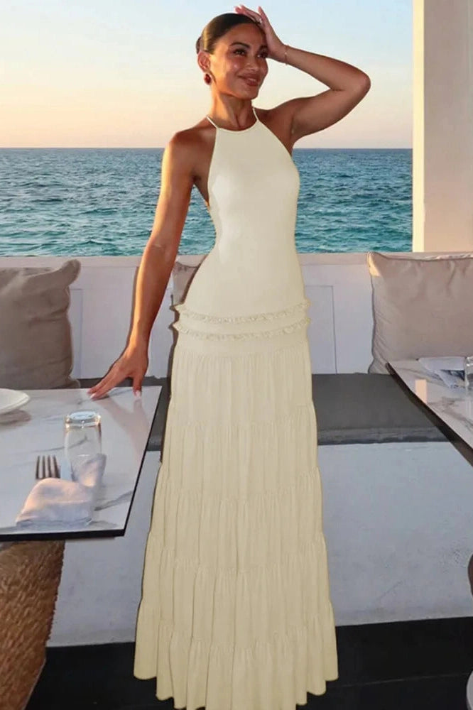 Glorol - Backless Pleated Sleeveless High Waist Lace-Up A-Line Maxi Dress