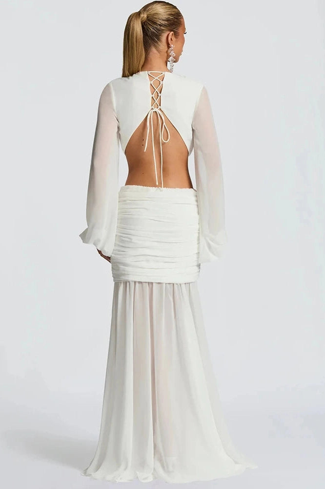 Glorol - Hollow Out Deep V Neck Long Sleeve Backless Maxi Dress