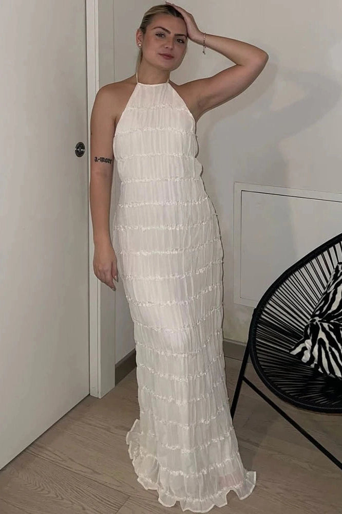 Glorol - Backless Lace-up Sleeveless Pleated Maxi Dress