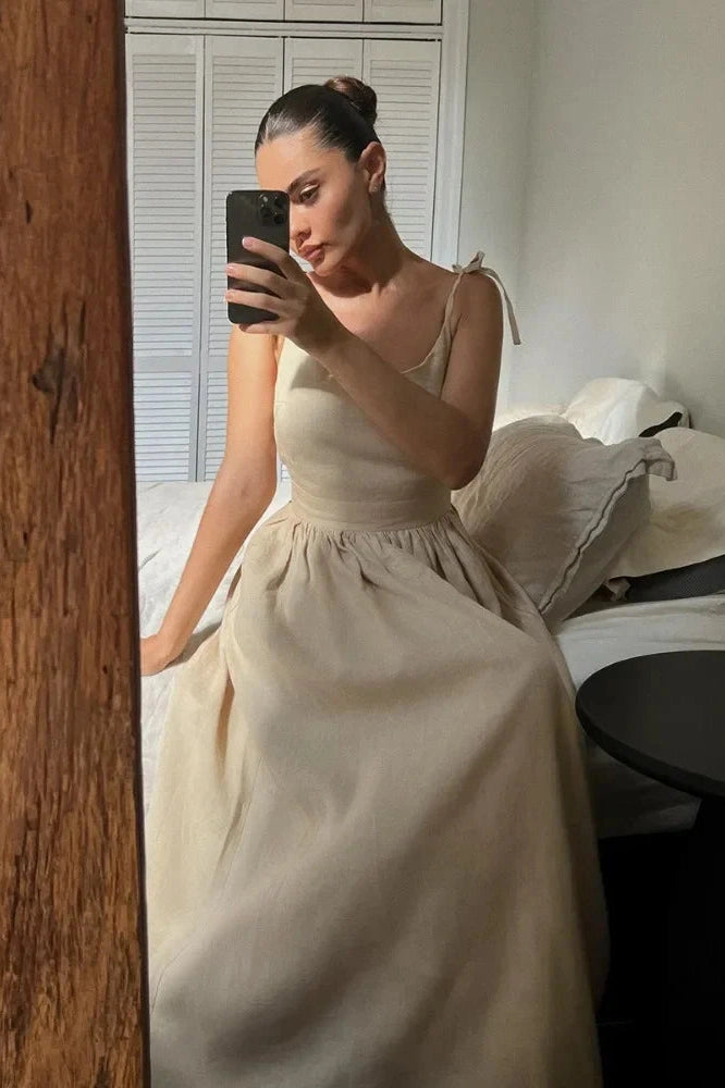 Glorol - Elegant Backless V Neck Midi Dress