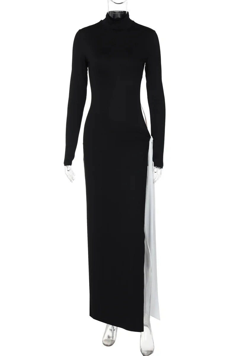 Glorol - Elegant Hollow Out Turtleneck Long Sleeve Maxi Dress