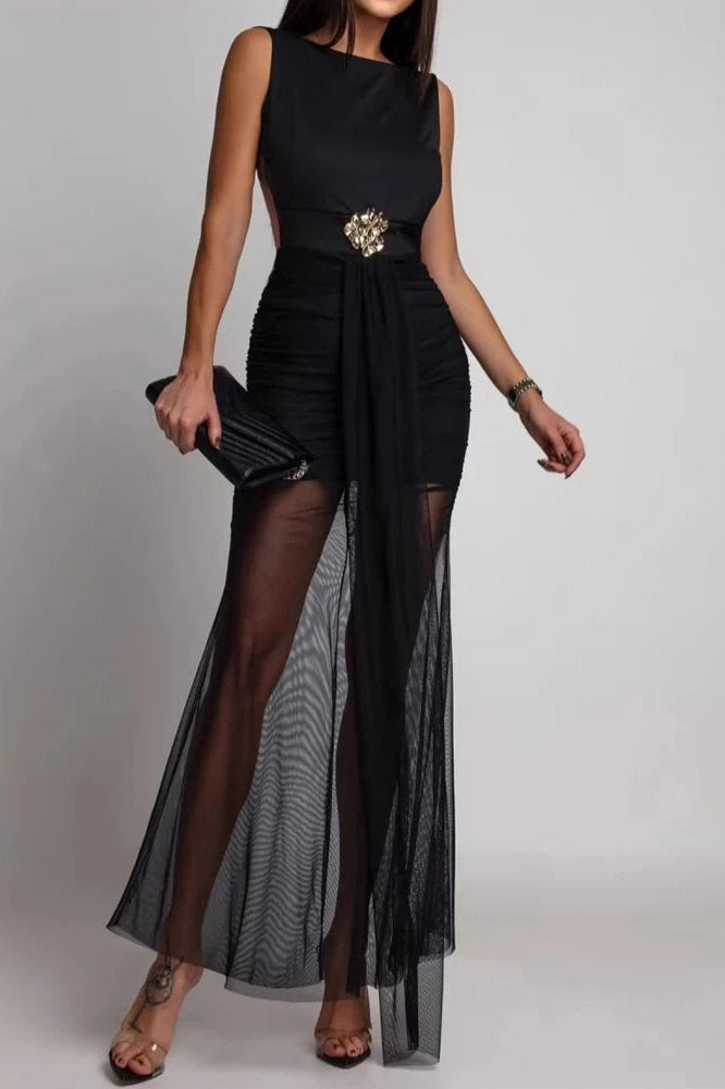 Glorol - Hollow Out Sleeveless Slim High Waist O-Neck Backless Maxi Dress