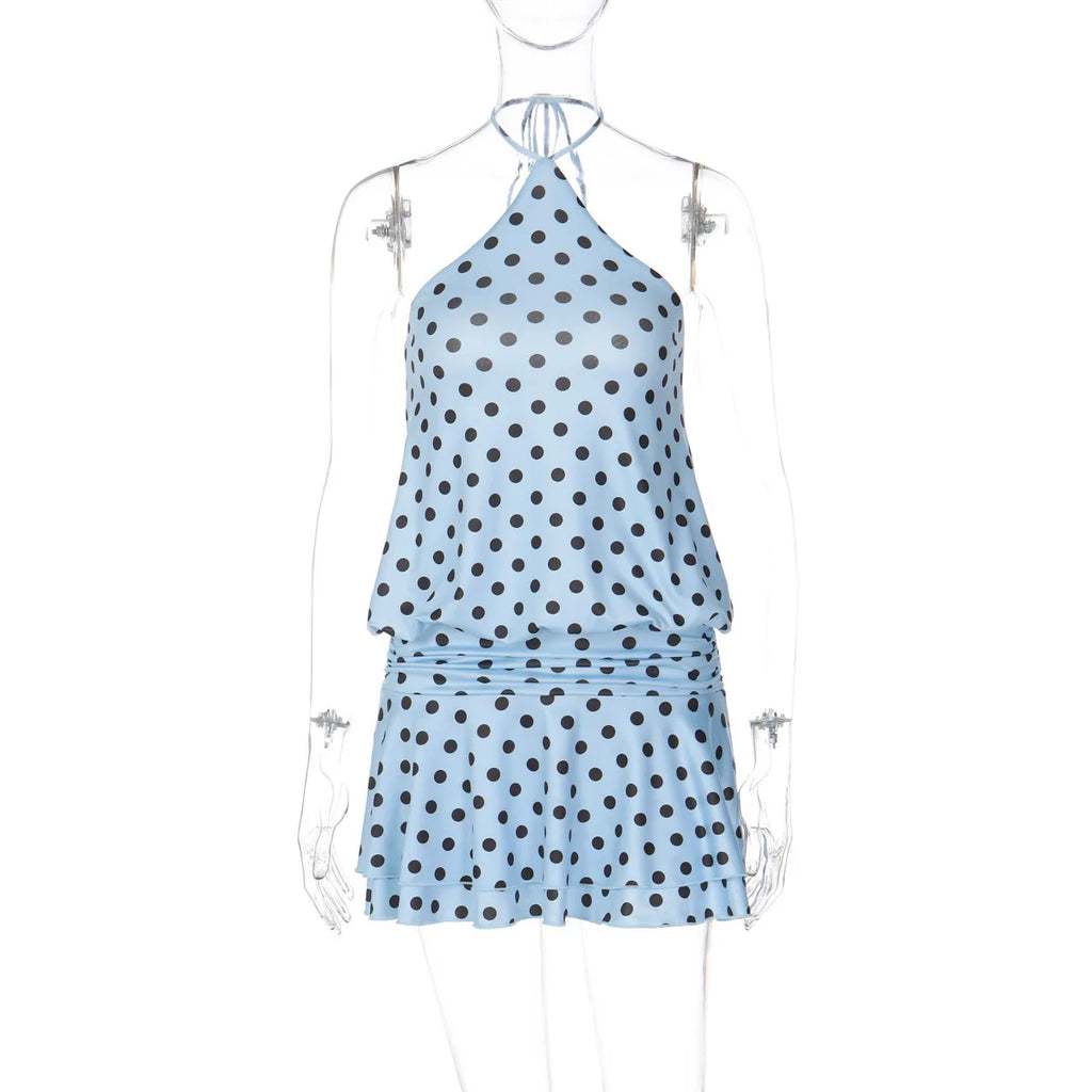 Glorol - Polka Dot Patchwork Lace-Up Mini Dress