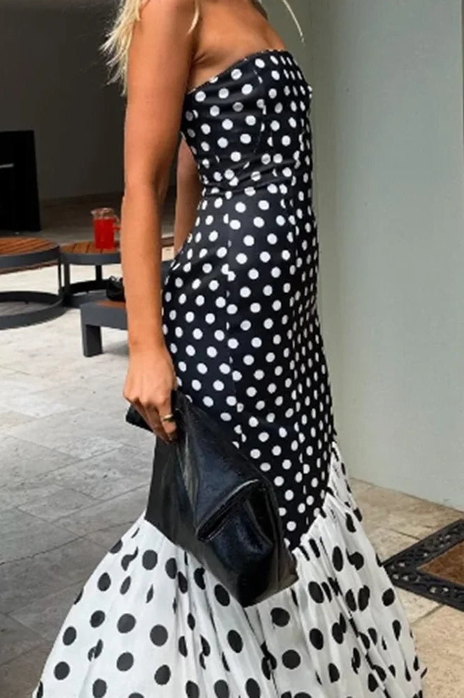 Glorol - Elegant Split Polka Dot Printed Strapless High Waist Maxi Dress