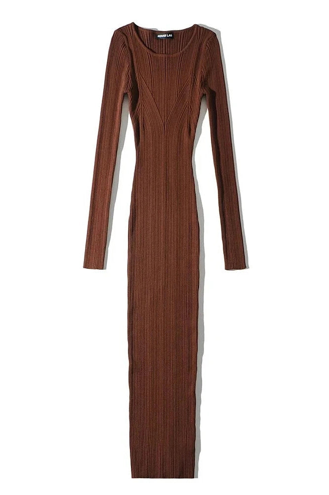 Glorol - Long Sleeve Slim High Waist Patchwork Midi Dress