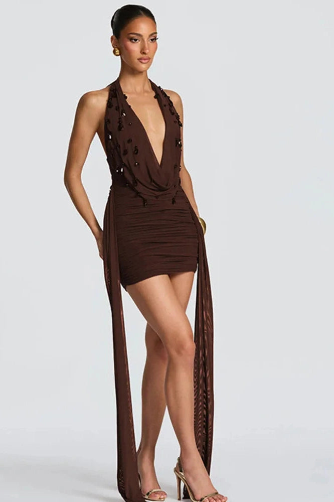 Glorol - Deep V Neck Backless Off-Shoulder Mini Dress