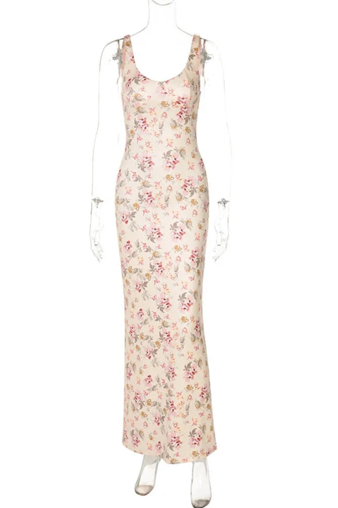 Glorol - Backless Print Sleeveless High Waist Bodycon Maxi Dress
