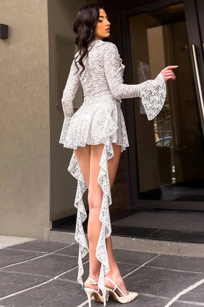 Glorol - Lace Deep V Neck Long Sleeve A-line Mini Dress