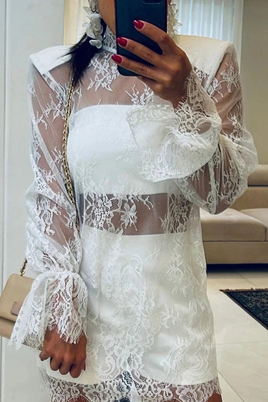 Glorol - Hollow Out Loose Lace Long Sleeve Mini Dress