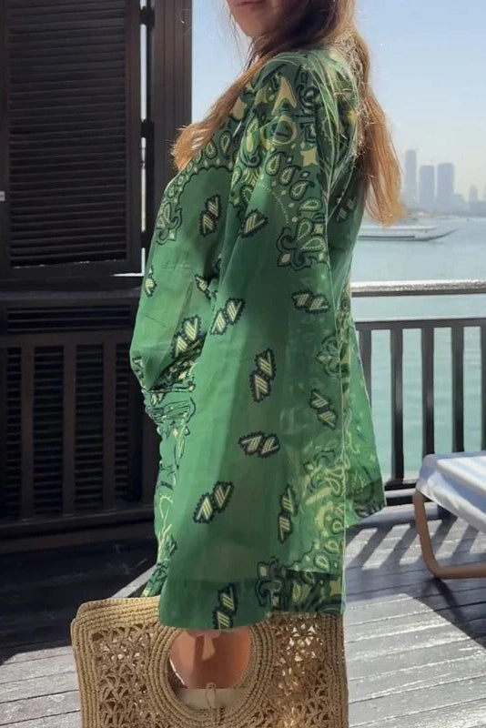 Glorol - Long Sleeve Loose V-Neck Printed Pleated Mini Dress