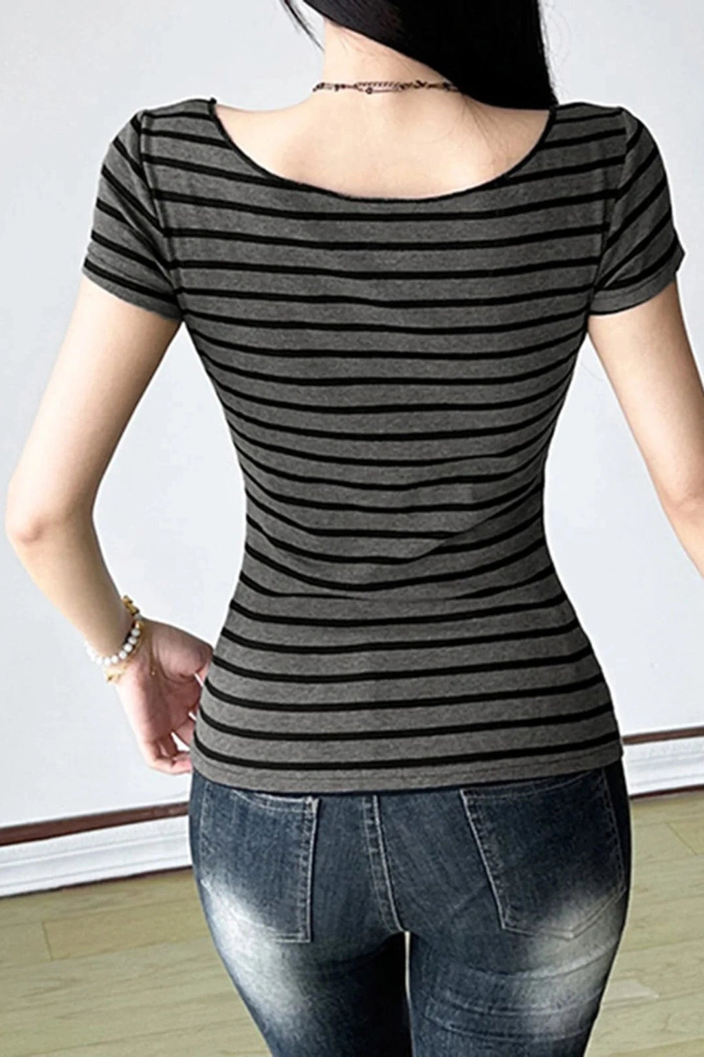 Glorol - Off-Shoulder Short Sleeve Print Slim Top