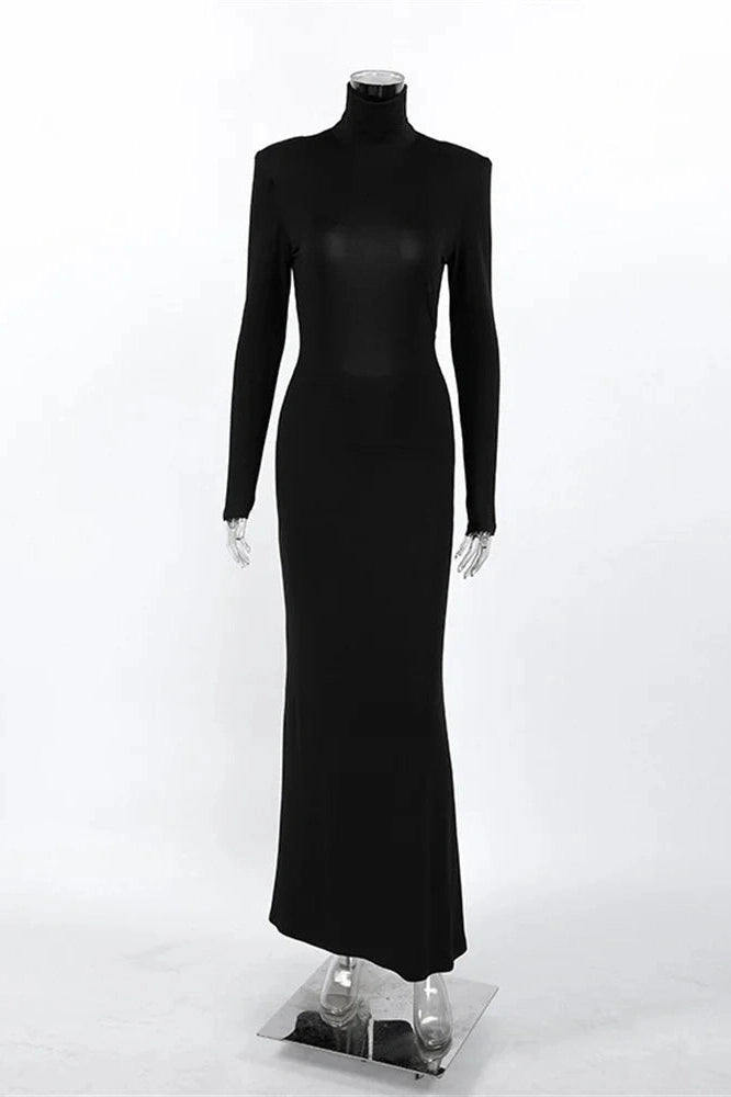 Glorol - Backless Turtleneck Patchwork Slim Long Sleeve Maxi Dress