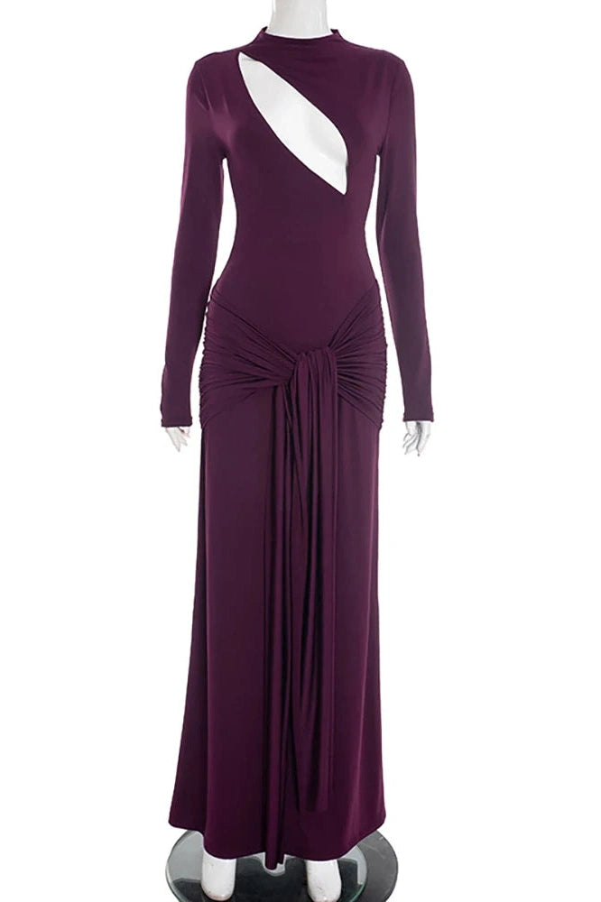 Glorol - Hollow Out Long Sleeve O Neck Bodycon Maxi Dress