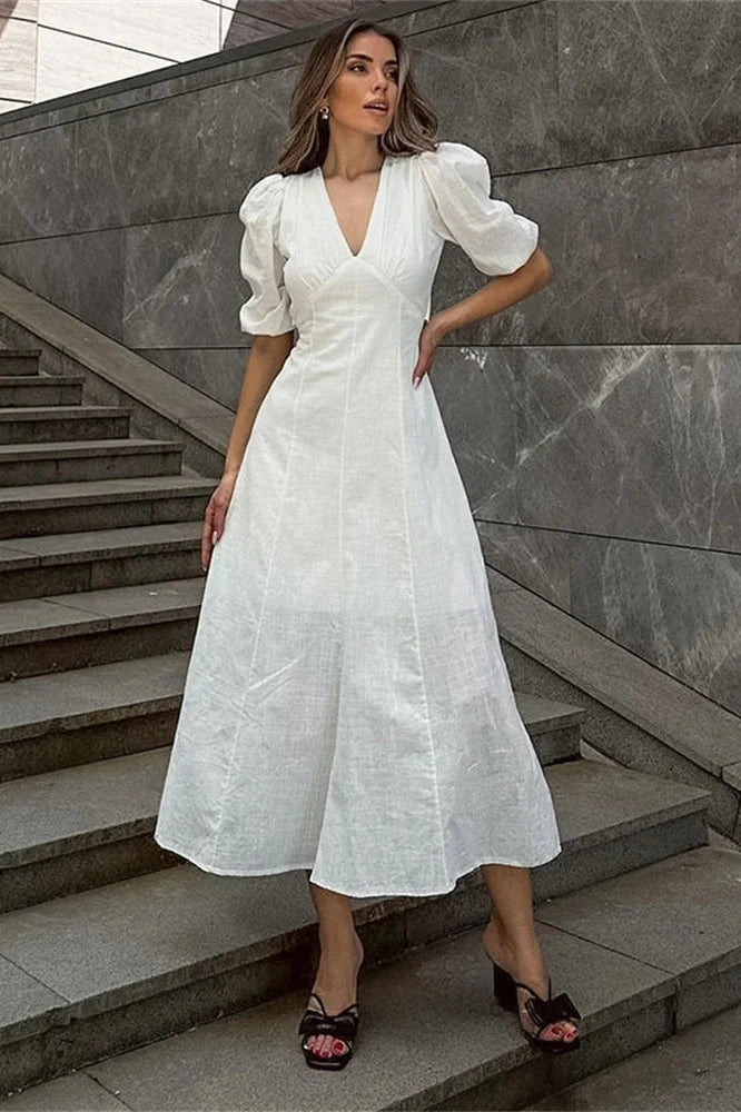 Glorol - Backless Short Sleeve Slim V-Neck High Waist Midi Dress